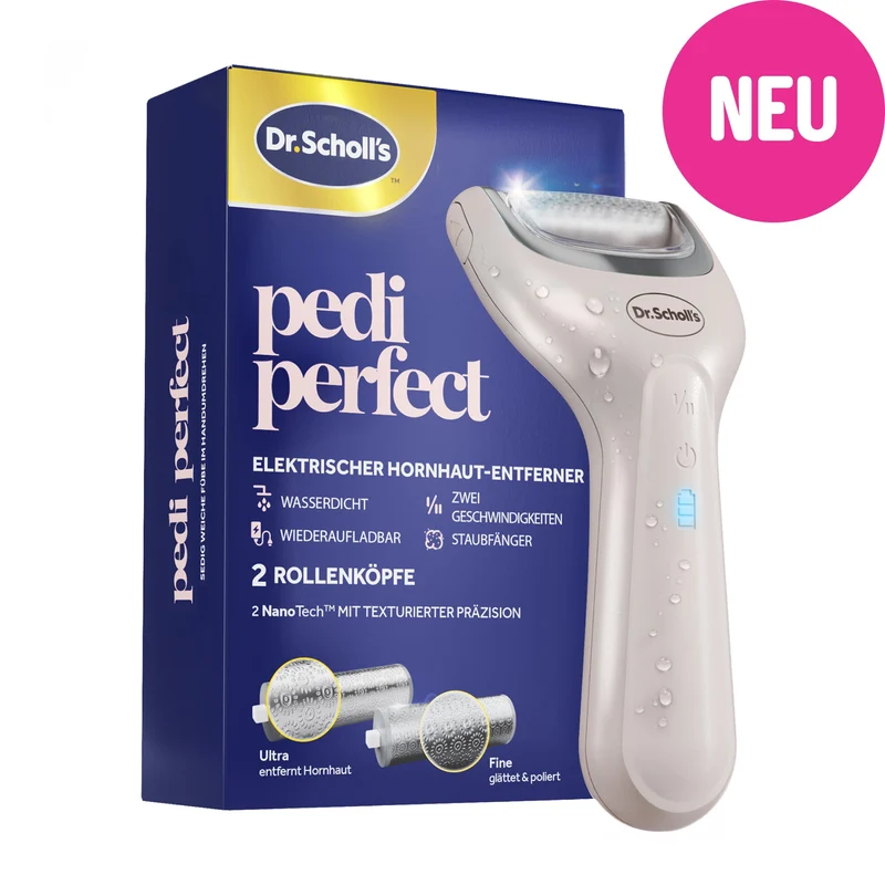 Dr. Scholl’s Pedi Perfect Wasserdichter, Wiederaufladbarer, Elektrischer Hornhautentferner mit x2 Rollenköpfen