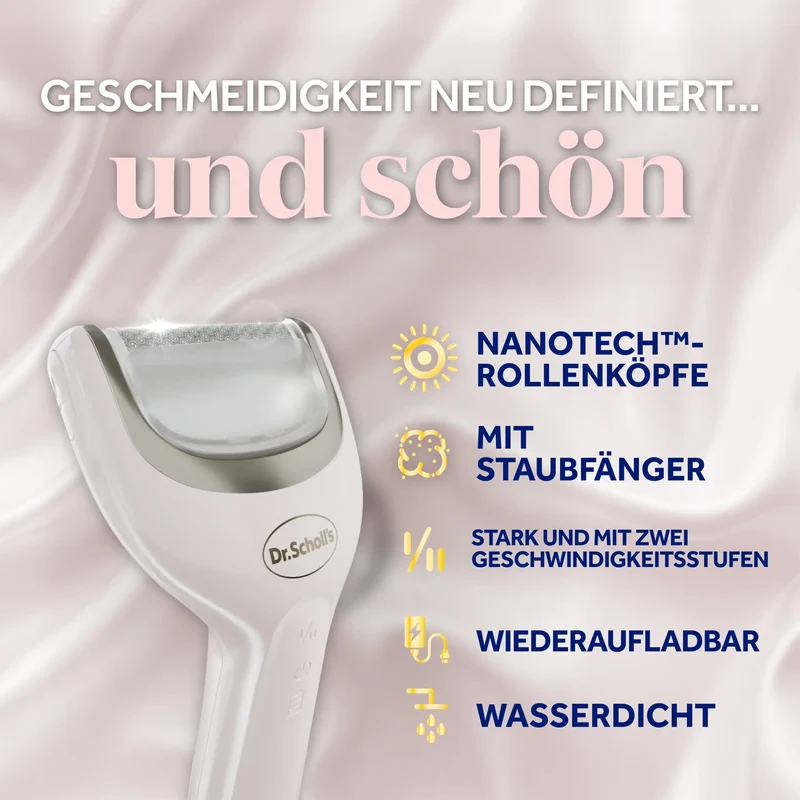 Dr. Scholl’s Pedi Perfect Wasserdichter, Wiederaufladbarer, Elektrischer Hornhautentferner mit x2 Rollenköpfen