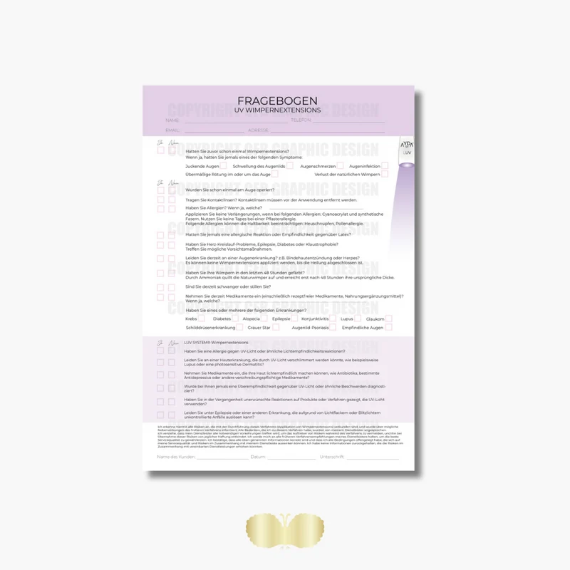 Kundenfragebogen UV Wimpernverlängerung PDF Download DIN A4 Digital CFB Cosmetics®