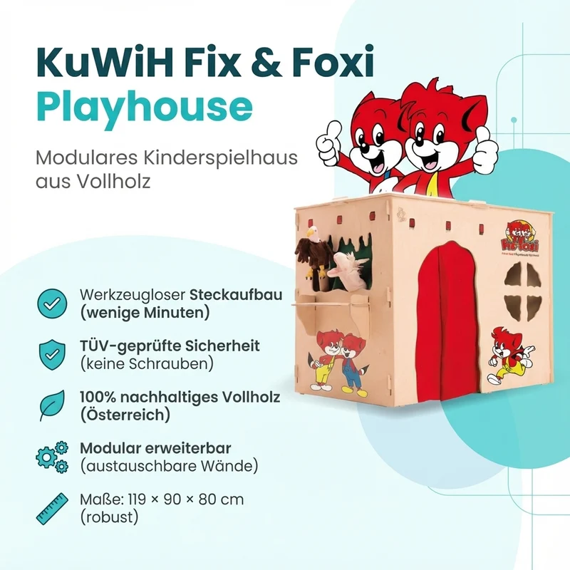 Fix & Foxi Playhouse Kinderspielhaus Vollholz modular TÜV-geprüft 119×90×80 cm