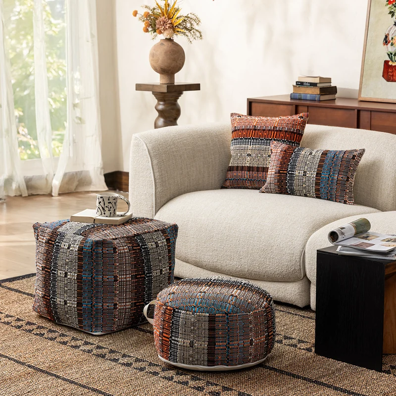 Runder gewebter Pouf‑Sitzhocker mit Tragegriff und Canvas‑Boden