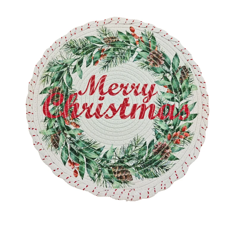 Runde weihnachtliche Baumdecke aus gewebtem Baumwollmischgewebe mit Rentier- und Tannenzweig-Motiv
