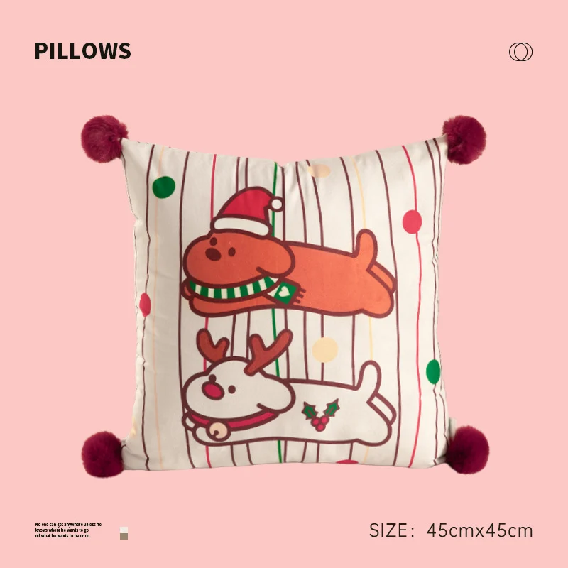 Quadratisches Weihnachts-Dekokissen mit Bommel-Ecken und bedrucktem Hunde-Motiv