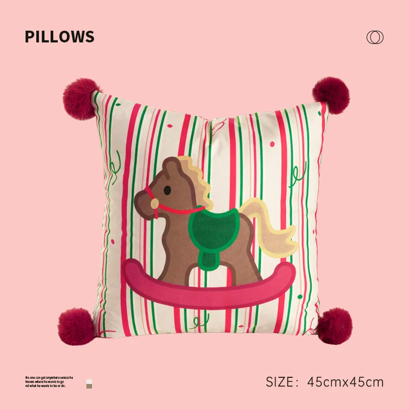 Quadratisches Weihnachts-Dekokissen mit Bommel-Ecken und bedrucktem Hunde-Motiv