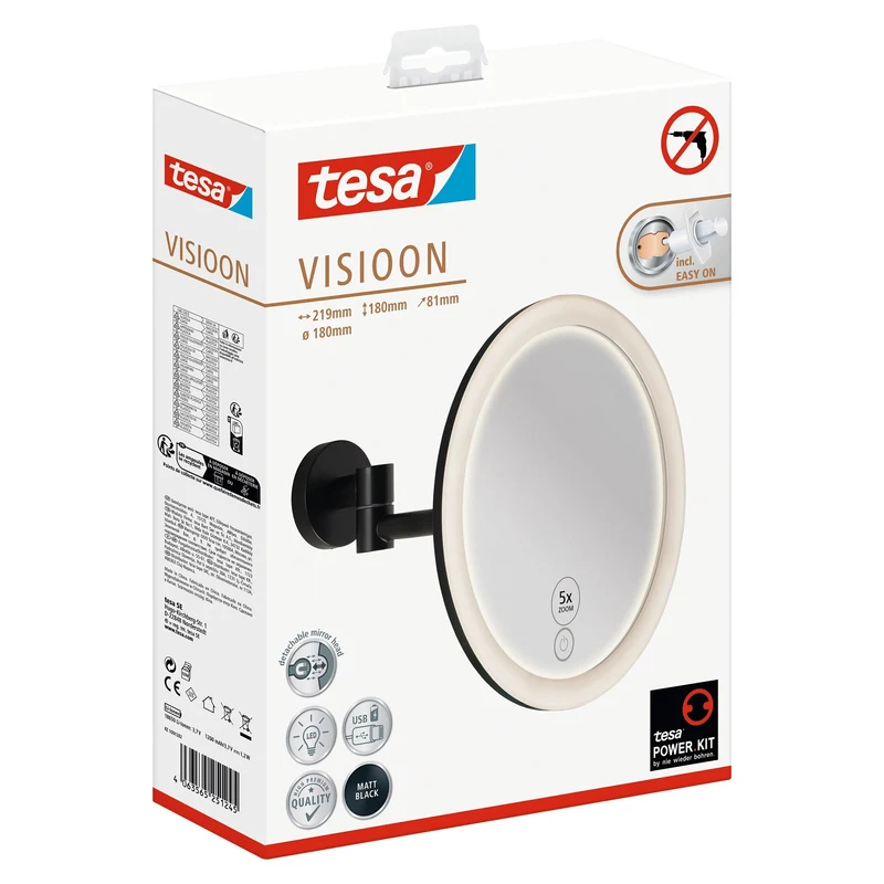 tesa VISIOON LED-Kosmetikspiegel Schwenkarm, selbstklebend, mattschwarz pulverbeschichtetes Metall, mattschwarzer Kunststoff | 1 Stück