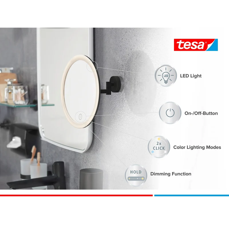 tesa VISIOON LED-Kosmetikspiegel Schwenkarm, selbstklebend, mattschwarz pulverbeschichtetes Metall, mattschwarzer Kunststoff | 1 Stück