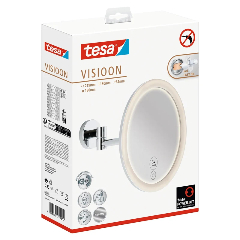 tesa VISIOON LED-Kosmetikspiegel Schwenkarm, selbstklebend, Metall verchromt, chromfarbener Kunststoff | 1 Stück