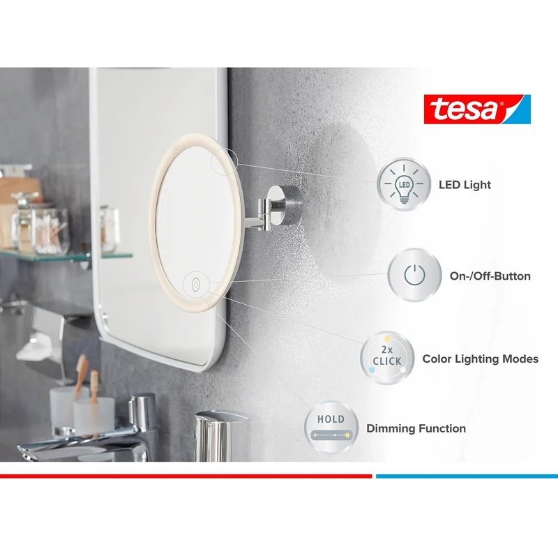 tesa VISIOON LED-Kosmetikspiegel Schwenkarm, selbstklebend, Metall verchromt, chromfarbener Kunststoff | 1 Stück