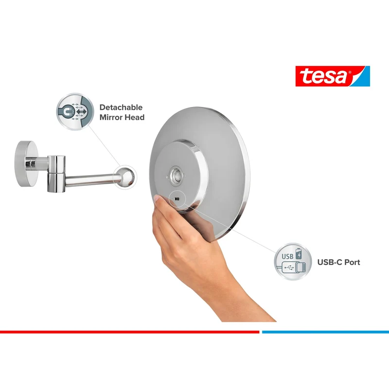 tesa VISIOON LED-Kosmetikspiegel Schwenkarm, selbstklebend, Metall verchromt, chromfarbener Kunststoff | 1 Stück