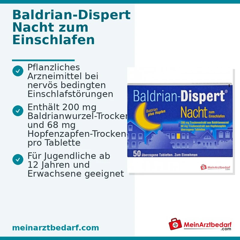 Baldrian-Dispert Nacht zum Einschlafen Baldrianwurzel-Trockenextrakt / Hopfenzapfen-Trockenextrakt überzogene Tabletten, 50 St.