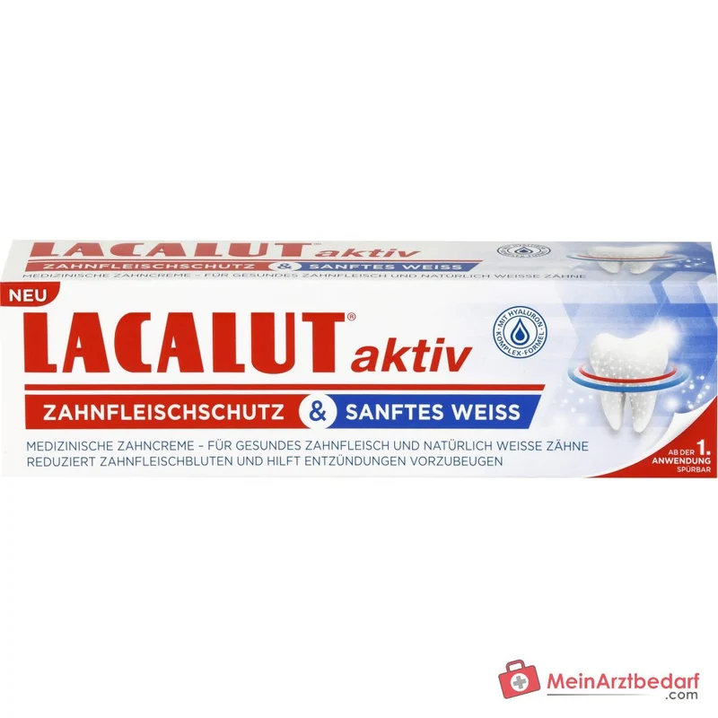 Lacalut Aktiv Zahnfleischschutz und Sanftes Weiß Natriumfluorid / Natriumhyaluronat / Chlorhexidin / Bromelain / Papain Zahncreme, 75 ml