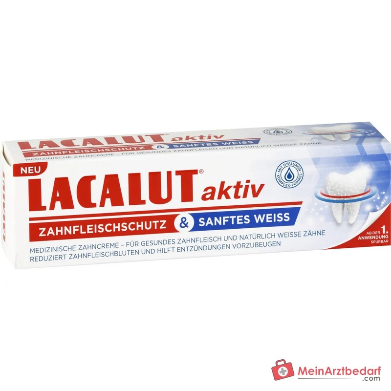 Lacalut Aktiv Zahnfleischschutz und Sanftes Weiß Natriumfluorid / Natriumhyaluronat / Chlorhexidin / Bromelain / Papain Zahncreme, 75 ml