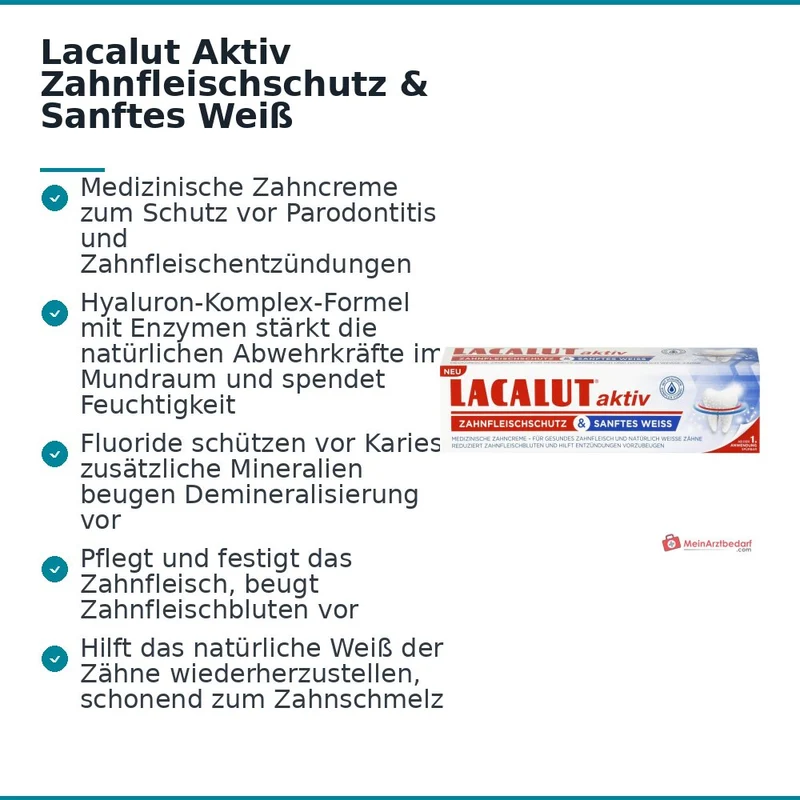 Lacalut Aktiv Zahnfleischschutz und Sanftes Weiß Natriumfluorid / Natriumhyaluronat / Chlorhexidin / Bromelain / Papain Zahncreme, 75 ml
