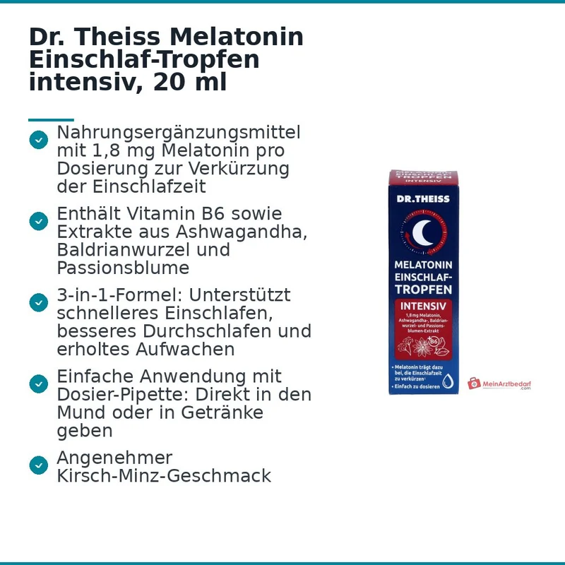 Dr. Theiss Melatonin Einschlaf-Tropfen intensiv Melatonin / Vitamin B6 / Ashwagandha / Baldrianwurzel / Passionsblume Tropfen, 20 ml