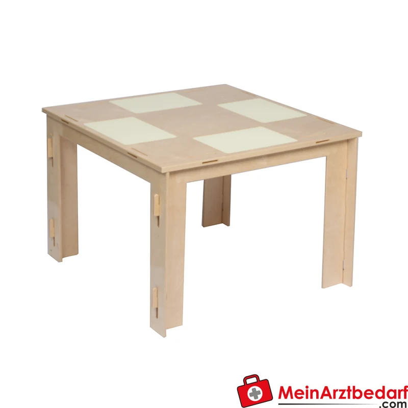 KuWiH Lernspieltisch Montessori aus Birkensperrholz mit 4 Leuchtflächen, Vollholz-Gestell, 75 x 75 x 46 cm
