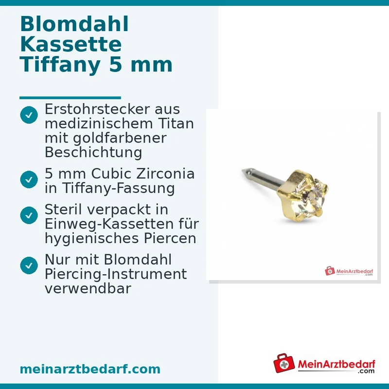 Blomdahl Erstohrstecker Tiffany Titan gold mit Zirkonia, 5 mm, 10 Stk.