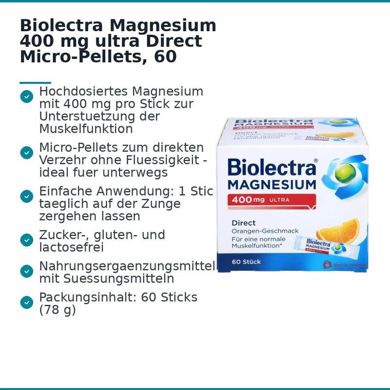 Biolectra Magnesium 400 mg ultra Direct Magnesiumoxid Micro-Pellets Orangengeschmack, 60 Sticks
