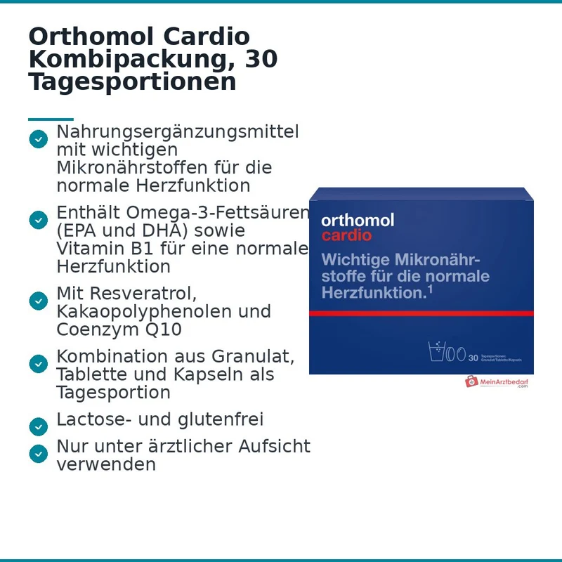 Orthomol Cardio Omega-3-Fettsäuren EPA / DHA / Vitamin B1 / Vitamin C / Vitamin E / Magnesium / Selen / Zink / Resveratrol / Kakaopolyphenole Granulat / Tablette / Kapseln Kombipackung, 30 Tagesportionen