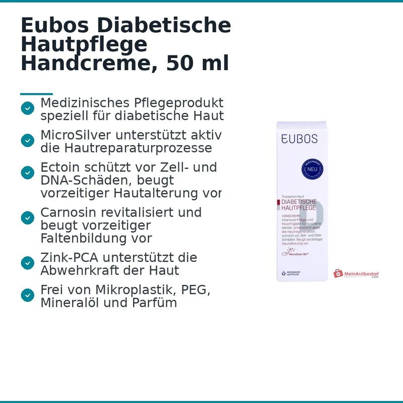 Eubos Diabetische Hautpflege Handcreme MicroSilver / Ectoin / Carnosin / Zink-PCA Creme, 50 ml