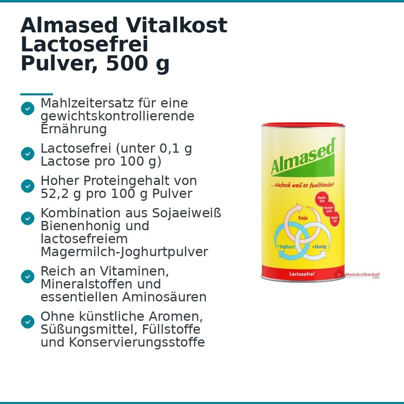 Almased Vitalkost Lactosefrei Sojaeiweiß / Bienenhonig / Magermilch-Joghurtpulver Pulver, 500 g