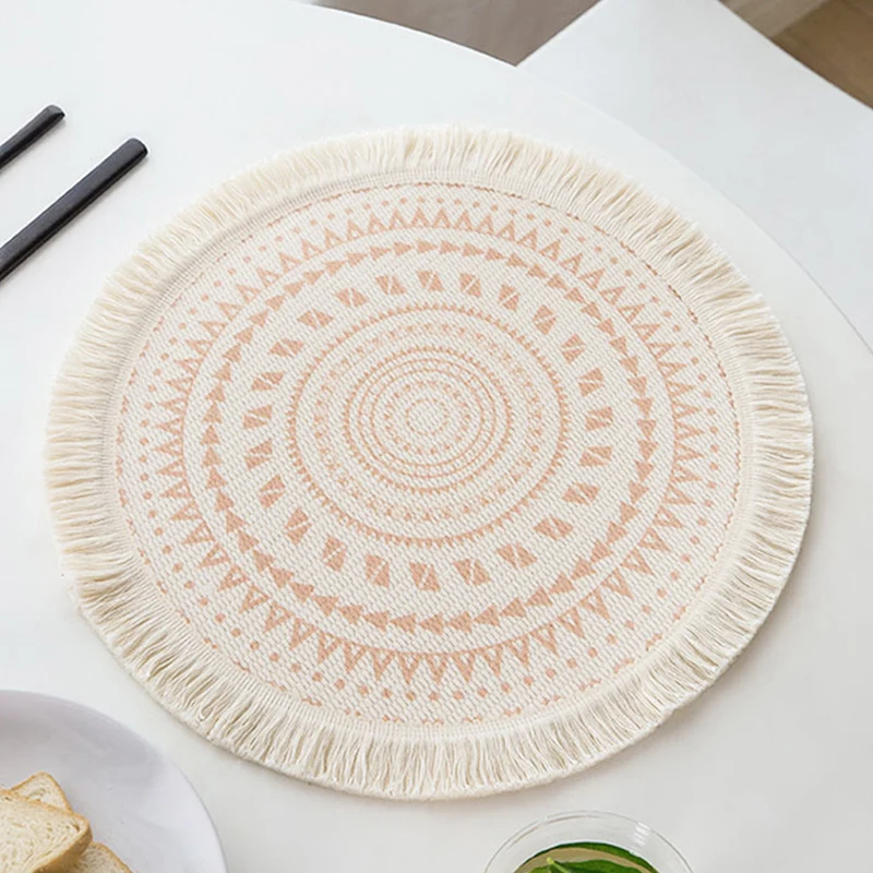 Rundes gewebtes Tisch-Platzset mit Fransenrand und Mandala-Jacquard