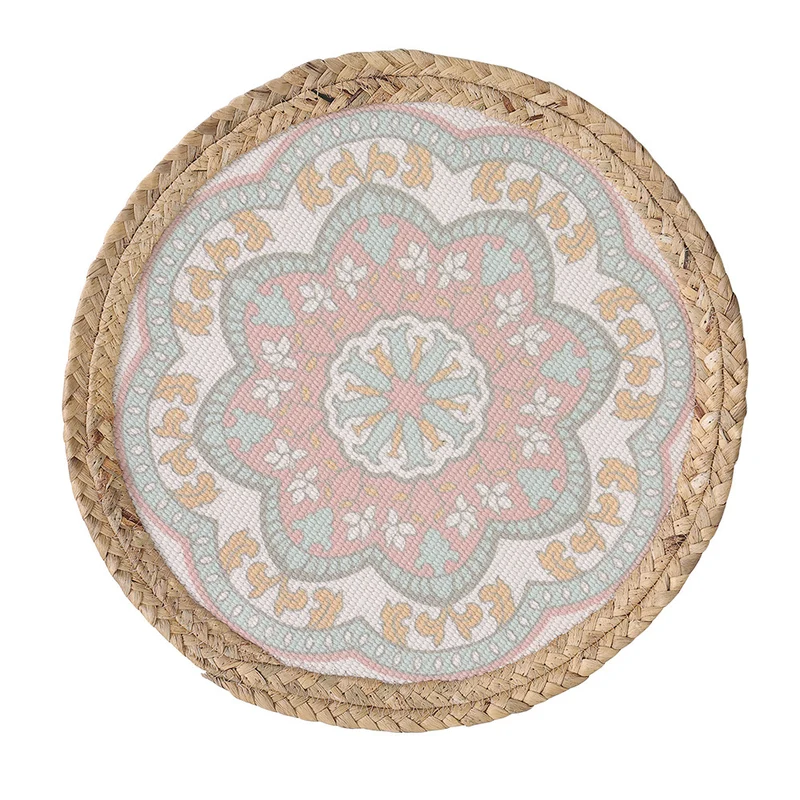 Runder Sitzpouf mit Mandala-Print, gewebter Oberfläche und geflochtenem Jute-Rand