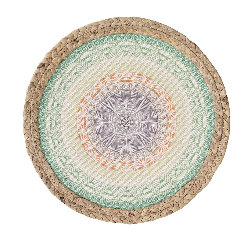 Runder Sitzpouf mit Mandala-Print, gewebter Oberfläche und geflochtenem Jute-Rand