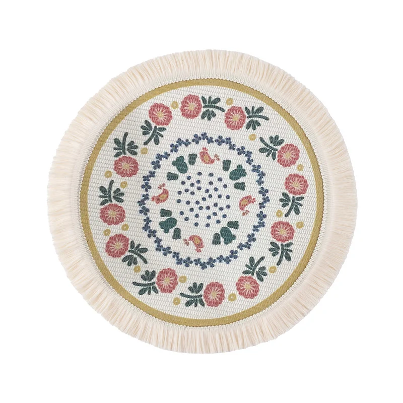 Runder flachgewebter Bodenteppich im Boho‑Mandala‑Design mit Baumwollfransen