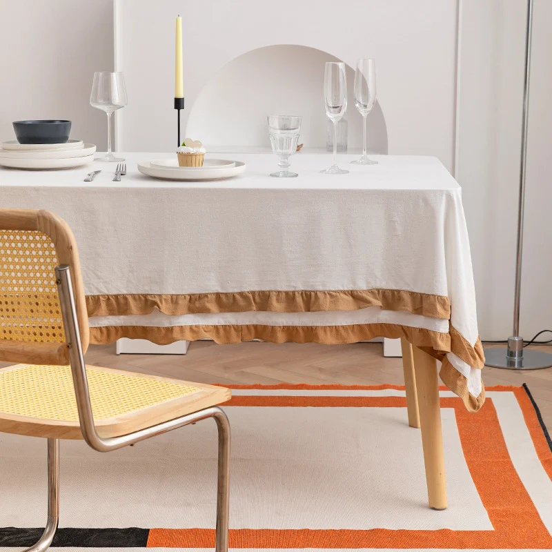 Rechteckige Tischdecke aus Baumwoll-Leinen mit doppelter Volant-Bordüre