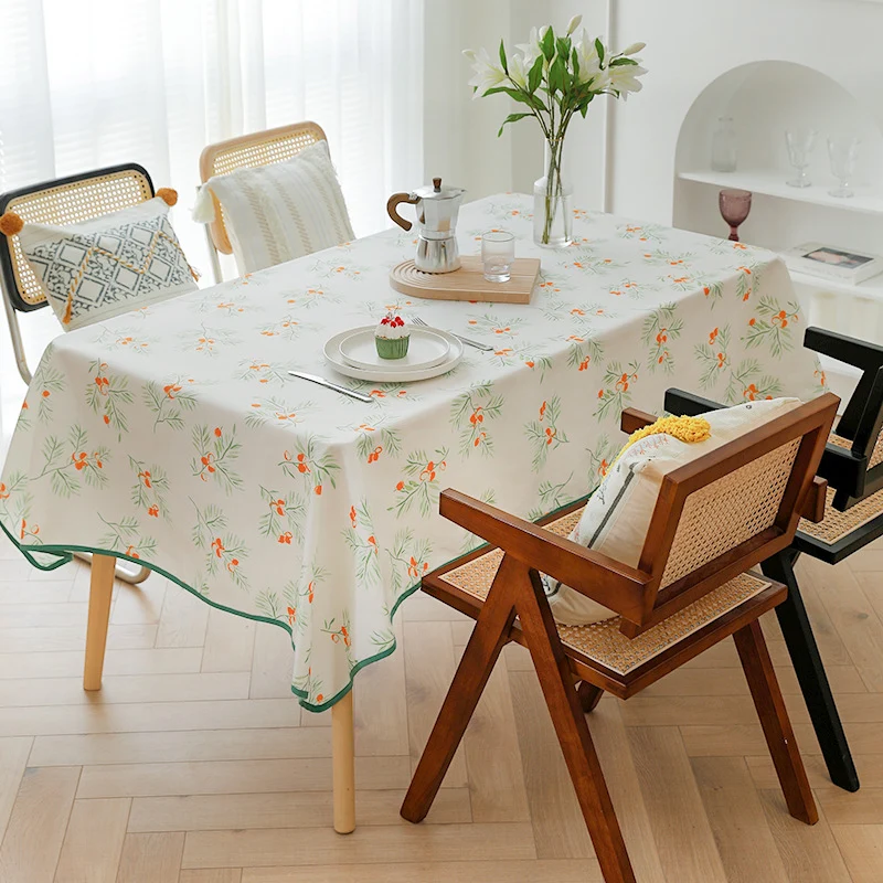 Rechteckige abwaschbare Baumwoll-Polyester Tischdecke mit kontrastierter Zierkante und botanischem Druck