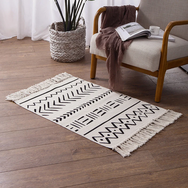 Flachgewebter Teppichläufer im Boho‑Mudcloth‑Design mit Baumwollfransen