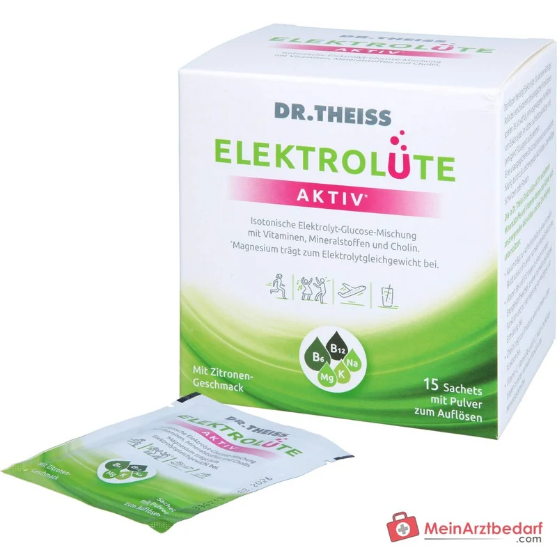 Dr. Theiss Elektrolüte Aktiv Glucose / Vitamin C / Vitamin B6 / Vitamin B12 / Niacin / Magnesium / Kalium / Natrium / Cholin Pulver, 15 Beutel