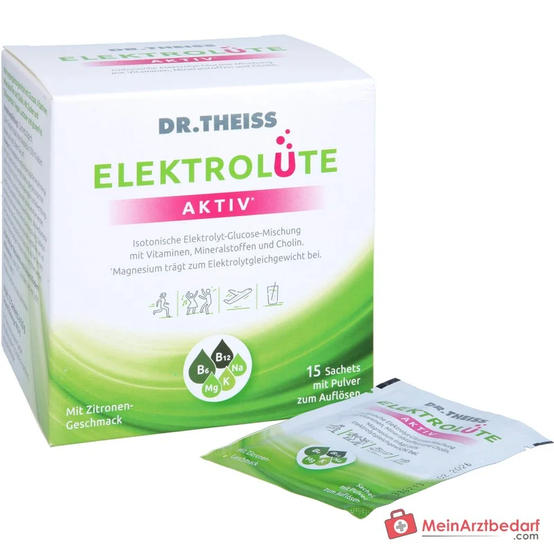 Dr. Theiss Elektrolüte Aktiv Glucose / Vitamin C / Vitamin B6 / Vitamin B12 / Niacin / Magnesium / Kalium / Natrium / Cholin Pulver, 15 Beutel