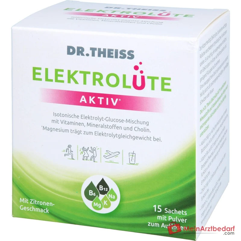 Dr. Theiss Elektrolüte Aktiv Glucose / Vitamin C / Vitamin B6 / Vitamin B12 / Niacin / Magnesium / Kalium / Natrium / Cholin Pulver, 15 Beutel