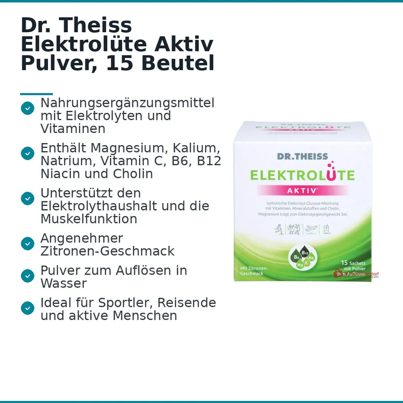 Dr. Theiss Elektrolüte Aktiv Glucose / Vitamin C / Vitamin B6 / Vitamin B12 / Niacin / Magnesium / Kalium / Natrium / Cholin Pulver, 15 Beutel