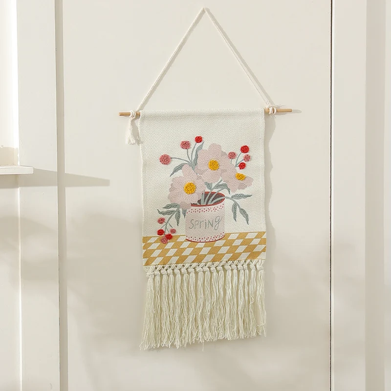 Boho Wandbehang mit gewebtem Blumen-Tufting und Makramee-Fransen