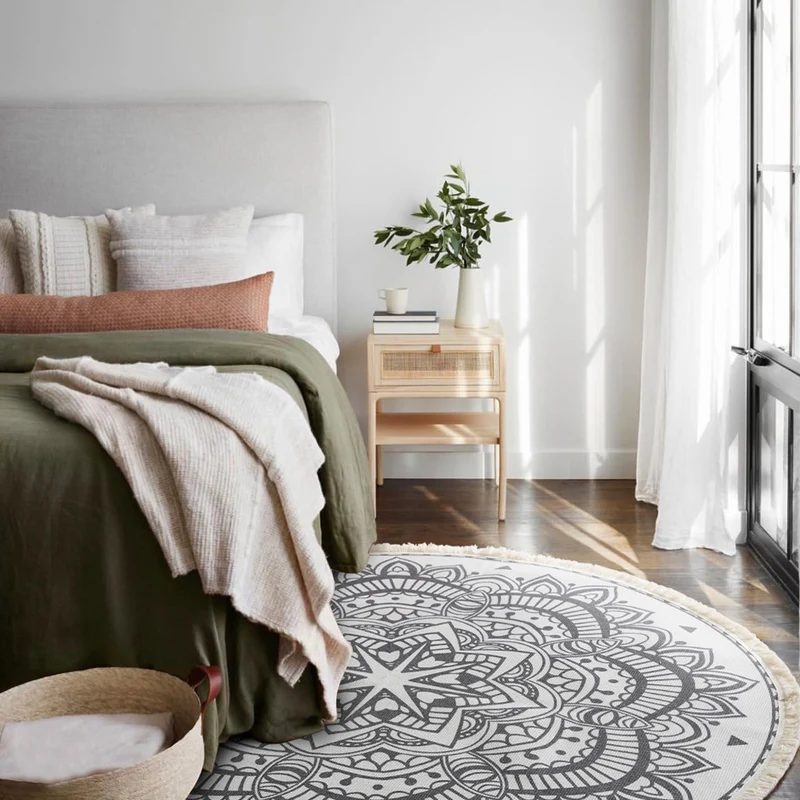 Runder Boho-Baumwollteppich mit Mandala‑Print und Fransenkante