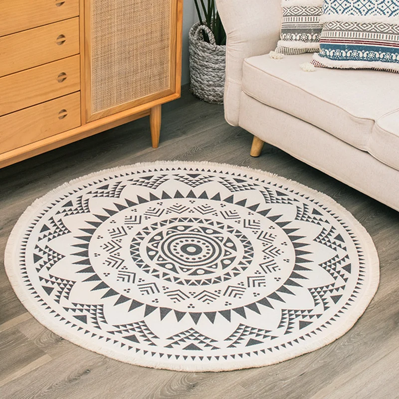 Runder Boho-Baumwollteppich mit Mandala‑Print und Fransenkante