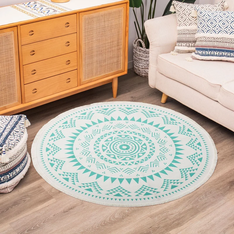 Runder Boho-Baumwollteppich mit Mandala‑Print und Fransenkante