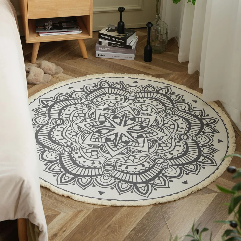 Runder Boho-Baumwollteppich mit Mandala‑Print und Fransenkante