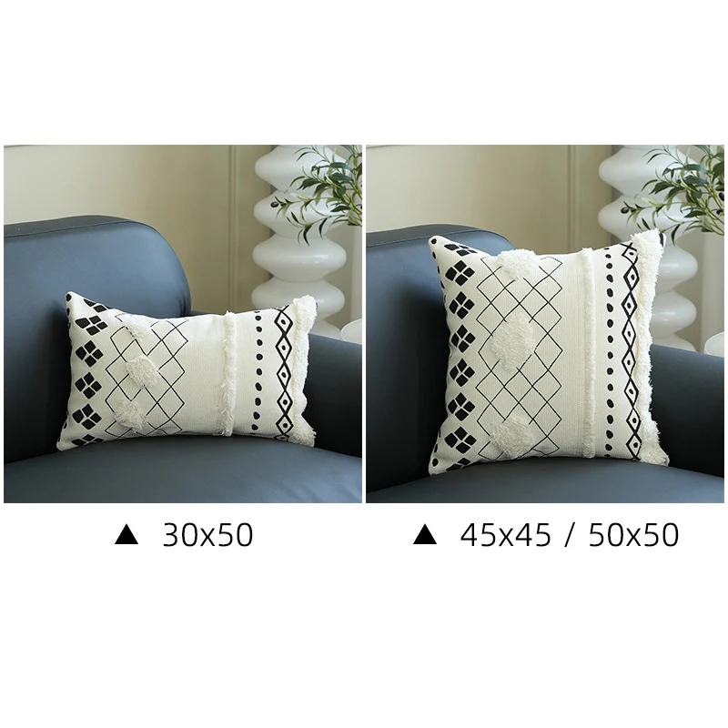 Rechteckiges gewebtes Lumbar-Dekokissen mit Tuft‑Diamanten und Quasten