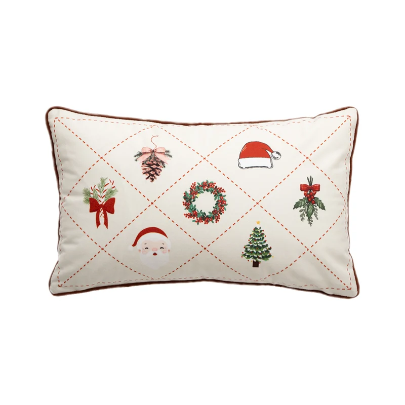 Rechteckiges Baumwoll-Dekokissen mit gestickten Weihnachtsmotiven und Paspel