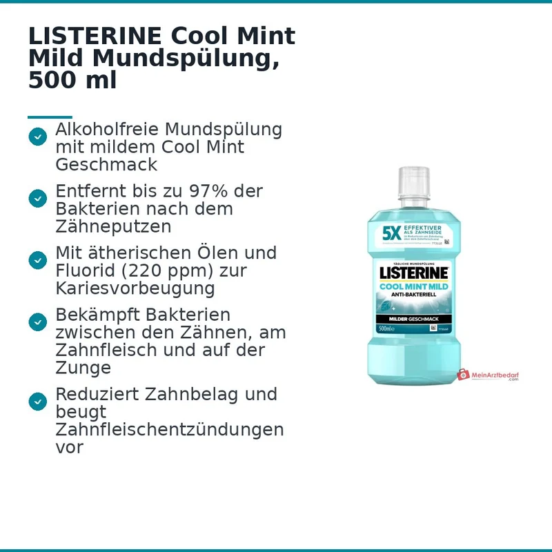 LISTERINE Cool Mint Mild Eucalyptol / Menthol / Thymol / Methyl Salicylat Mundspülung, 500 ml