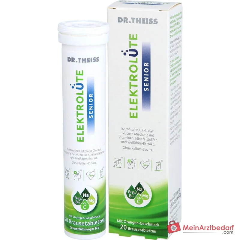 Dr. Theiss Elektrolüte Senior Magnesium / Natrium / Vitamin C / Vitamin B12 / Vitamin B5 / Vitamin B1 / Glucose / Weißdorn-Extrakt Brausetabletten, 20 St.