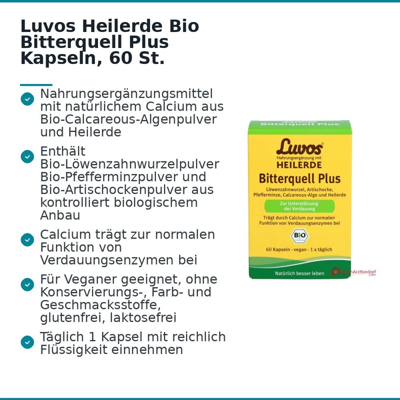 Luvos Heilerde Bio Bitterquell Plus Calcium / Loewenzahnwurzel / Pfefferminze / Artischocke / Heilerde Kapseln, 60 St.