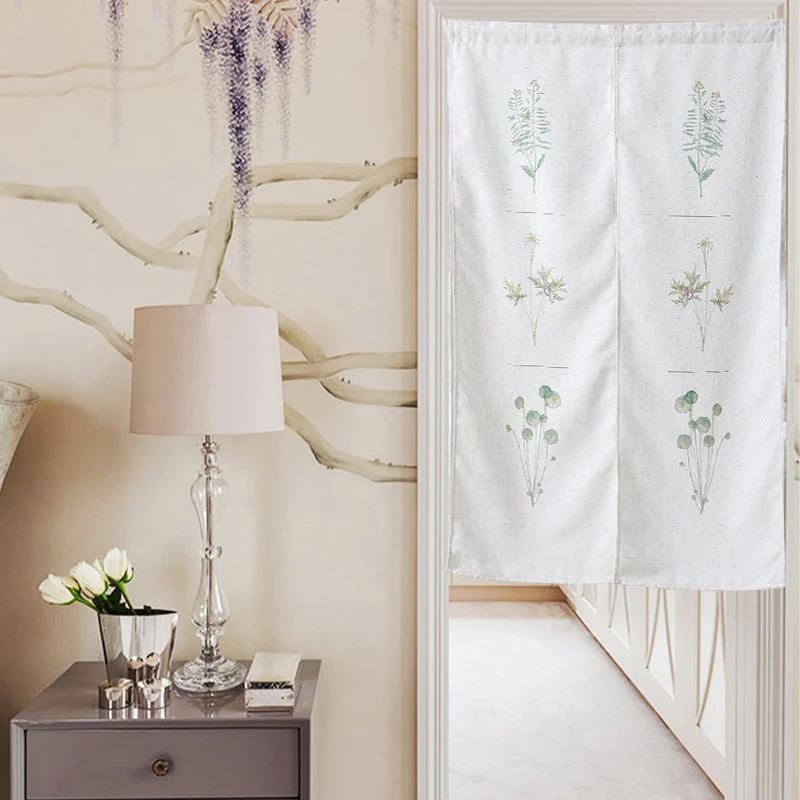 Geteilter Noren‑Vorhang aus Baumwoll‑Leinen mit botanischem Aquarellprint