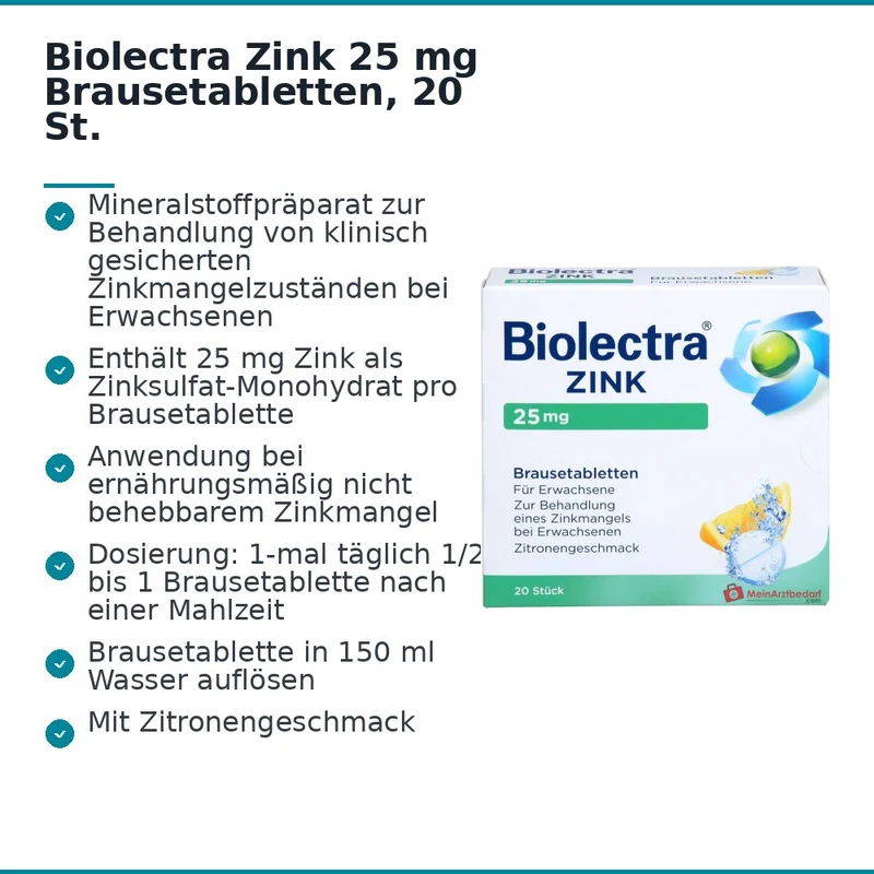 Biolectra Zink Zinksulfat Brausetabletten 25 mg, 20 St.