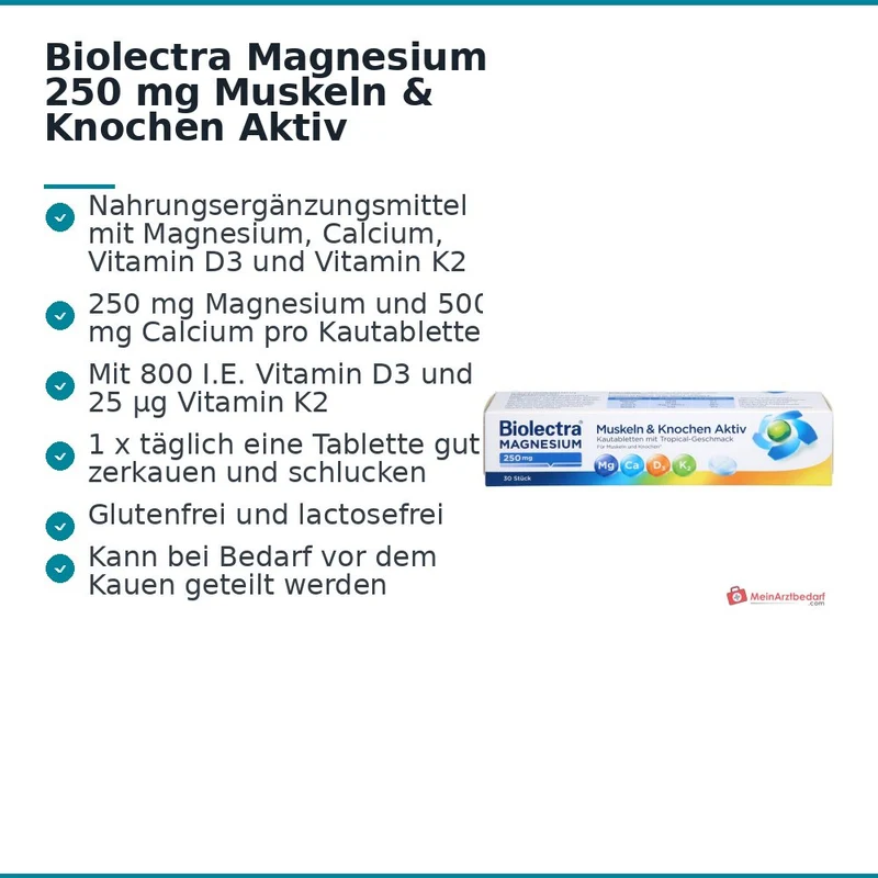 Biolectra Magnesium 250 mg / Calcium 500 mg / Vitamin D3 / Vitamin K2 Muskeln & Knochen Aktiv Kautabletten, 30 St.