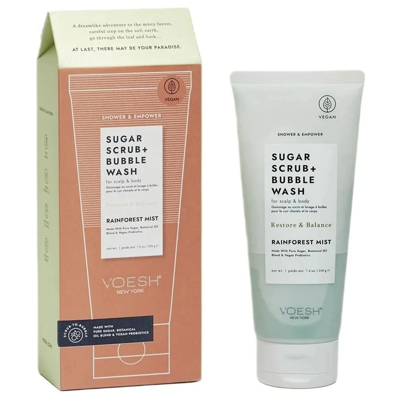 VOESH Sugar Scrub + Bubble Wash For Scalp and Body - Rainforest Mist 210g