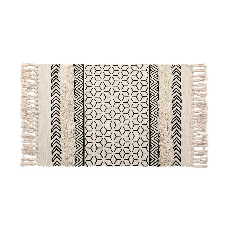 Flacher Boho-Teppichläufer aus Baumwollmischgewebe mit geometrischem Hexagon‑Tufting und dekorativem Fransenrand